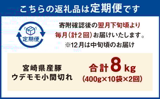 【2ヶ月定期便】＜宮崎県産豚 ウデモモ 小間切れ 400g×10袋（10袋×2回）＞お申込みの翌月下旬頃に第一回目発送（12月は中旬頃） 豚肉 お肉 肉 新生活応援 卒業祝い 就職祝い 入学 卒業 お花見 引越し