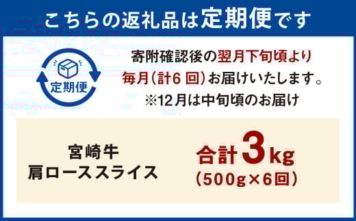 【6ヶ月定期便】＜宮崎牛肩ローススライス 500g（1パック：500g×6回）＞ お申込みの翌月下旬頃に第一回目発送（12月は中旬頃） 牛肉 お肉 肉 和牛 新生活応援 卒業祝い 就職祝い 入学 卒業 お花見 引越し