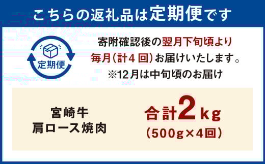 【4ヶ月定期便】＜宮崎牛肩ロース焼肉 500g（1パック：500g×4回）＞お申込みの翌月下旬頃に第一回目発送（12月は中旬頃） 牛肉 お肉 肉 和牛 新生活応援 卒業祝い 就職祝い 入学 卒業 お花見 引越し