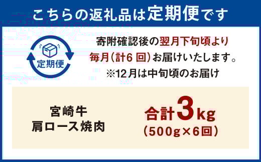 【6ヶ月定期便】＜宮崎牛肩ロース焼肉 500g（1パック：500g×6回）＞ お申込みの翌月下旬頃に第一回目発送（12月は中旬頃） 牛肉 お肉 肉 和牛 新生活応援 卒業祝い 就職祝い 入学 卒業 お花見 引越し