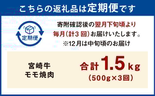 【3ヶ月定期便】＜宮崎牛モモ焼肉 500g（1パック：500g×3回）＞ お申込みの翌月下旬頃に第一回目発送（12月は中旬頃） 牛肉 お肉 肉 和牛 新生活応援 卒業祝い 就職祝い 入学 卒業 お花見 引越し