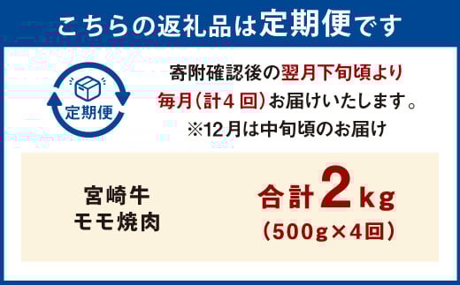 【4ヶ月定期便】＜宮崎牛モモ焼肉 500g（1パック：500g×4回）＞ お申込みの翌月下旬頃に第一回目発送（12月は中旬頃） 牛肉 お肉 肉 和牛 新生活応援 卒業祝い 就職祝い 入学 卒業 お花見 引越し