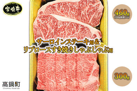 ＜宮崎牛 サーロインステーキ用460gとリブロースすき焼きしゃぶしゃぶ用300g＞