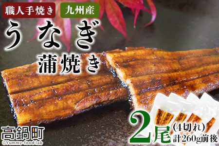 ＜職人手焼き九州産うなぎ 蒲焼き2尾（4切れ）計260g前後＞翌月末迄に順次出荷
