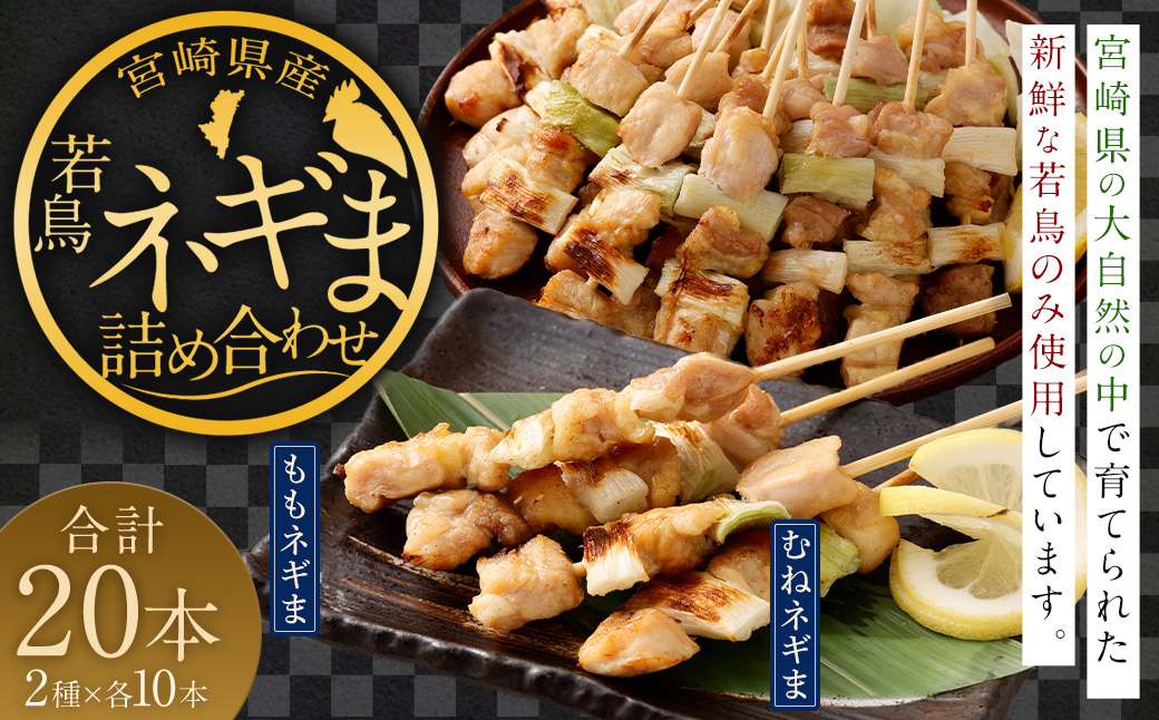 ＜宮崎県産 若鳥ネギま 詰め合わせ 20本＞翌月末迄に順次出荷 焼き鳥 焼鳥 鶏 串焼き 鶏串 盛合わせ 若鳥 手刺し もも肉 ムネ肉 ねぎま ネギま 2種 各10本 冷凍 国産 宮崎県 高鍋町