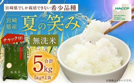 【学校給食提供】＜令和7年産 宮崎県産夏の笑み（無洗米）5kg×1袋 計5kg チャック付き米袋＞お申込みの翌月末までに順次出荷 米 お米 白米 無洗米 宮崎県 高鍋町