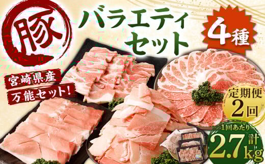 ＜【2回定期便】宮崎県産豚 バラエティセット 計2.7kg＞お申込みの翌月下旬頃に第一回目発送（12月は中旬頃） バラエティセット 4種 合計5.4kg 豚バラ焼肉 豚ロースor肩ローススライス 豚モモスライス 豚小間切れ 豚ロース 肩ロース 豚肉 豚 肉 精肉 料理 宮崎県産 宮崎県 宮崎 みやざき 高鍋町 定期便 冷凍