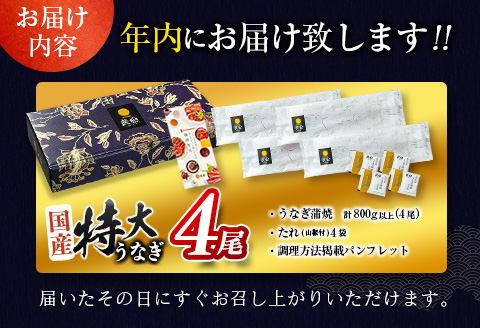 ＜今なら年内お届け!!＞特大 うなぎ 鰻楽 国産 蒲焼 4尾 計800g以上 無頭 高評価 おすすめ 冷凍 簡単調理 個包装 鰻 魚介 贈答品 ギフト 贈り物【C388-800-2512】 2025年12月お届け