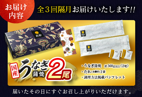 ＜数量限定!!＞うなぎ 定期便 国産 鰻 蒲焼 2尾セット 全3回 隔月定期便（2026年5月、7月、9月お届け）合計1kg以上 魚介 贈答品 ギフト ウナギ 期間限定 鰻楽【E192-050709】 全3回（2026年5月,7月,9月お届け）