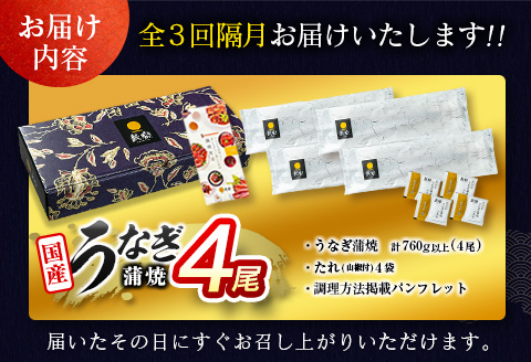 ＜数量限定!!＞特大 うなぎ 定期便 国産 鰻 蒲焼 4尾セット 全3回 隔月定期便（2026年5月、7月、9月お届け）合計2.2kg以上 魚介 贈答品 ギフト ウナギ 期間限定 鰻楽【E193-760-050709】 全3回（2026年5月,7月,9月お届け）