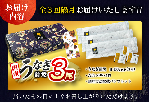 ＜数量限定!!＞うなぎ 定期便 国産 鰻 蒲焼 3尾セット 全3回 隔月定期便（2026年5月、7月、9月お届け）合計1.4kg以上 魚介 贈答品 ギフト ウナギ 期間限定 鰻楽【E267-050709】 全3回（2026年5月、7月、9月お届け）