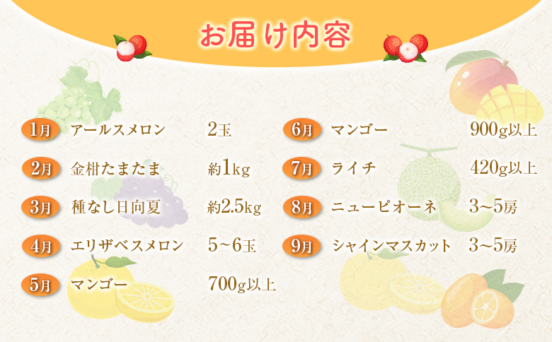 ＜数量限定＞新富町 特産フルーツ 詰め合わせ 定期便 9か月コース くだもの マンゴー ライチ メロン シャインマスカット ぶどう 柑橘 国産【F151-26】