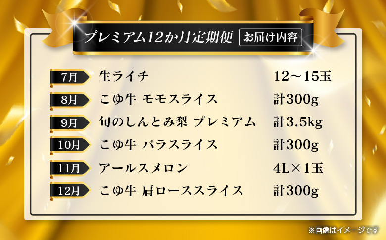 ＜年末年始限定!!＞宮崎フルーツ＆黒毛和牛 定期便 12か月 1年間 ローカル ブランド マンゴー ライチ メロン 梨 日向夏 ステーキ ヒレ ロース 焼肉 すき焼き しゃぶしゃぶ【F158】