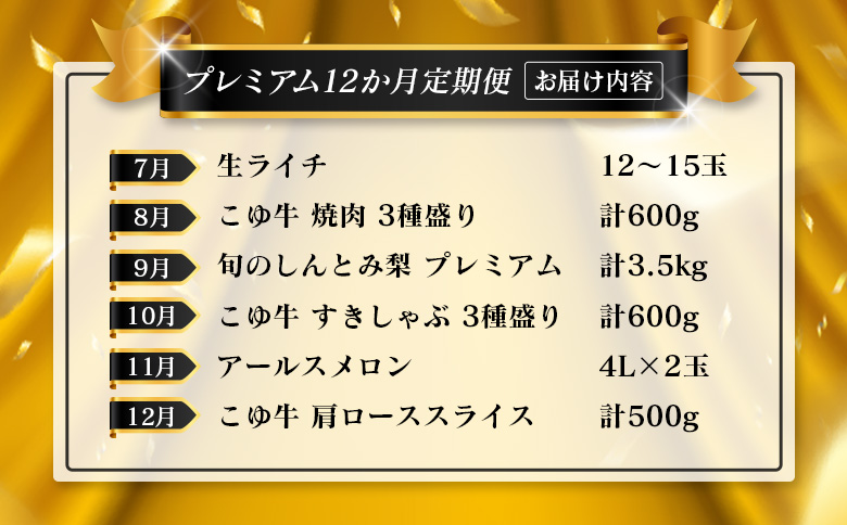 ＜年末年始限定!!＞宮崎フルーツ＆黒毛和牛 定期便 12か月 贅沢1年間お届け こゆ牛 牛肉 マンゴー ライチ メロン 梨 日向夏 ステーキ ヒレ ロース 焼肉 すき焼き しゃぶしゃぶ【G59】