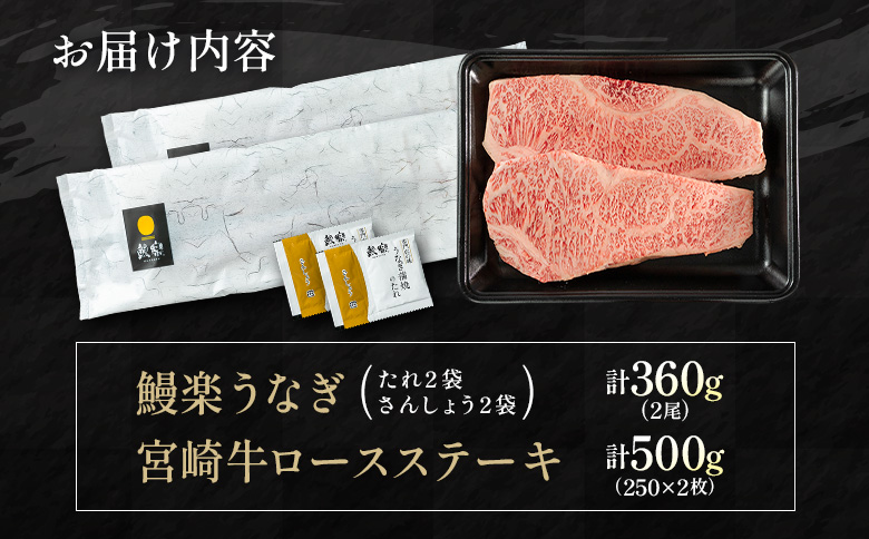 鰻楽 国産うなぎ 2尾 計360g ＆ 宮崎牛 ロースステーキ 250g×2枚 計500g 肉質等級4等級 国産 人気 おすすめ【C129-2510-90】