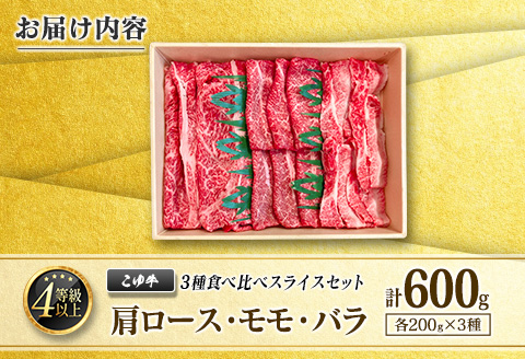 宮崎黒毛和牛『こゆ牛』3種食べ比べ スライスセット 計600g（肩ロース・モモ・バラ）各200g A4等級以上【C405】