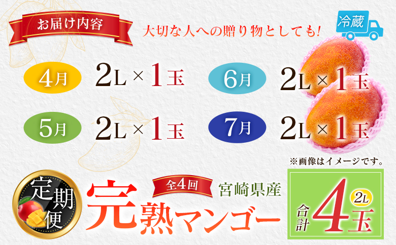 宮崎特産「完熟マンゴー2L×1玉」お届け定期便（全4回）計4玉 特産 国産 果物 フルーツ 旬 産地直送【E223-26】