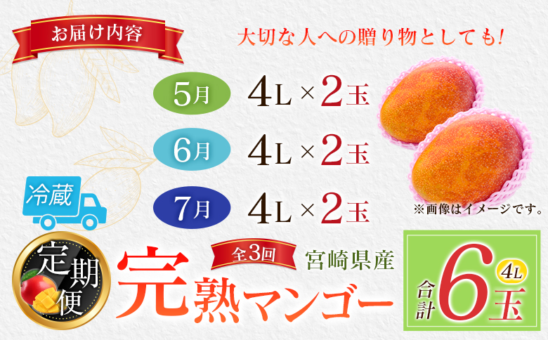 宮崎特産「完熟マンゴー4L×2玉」お届け定期便（全3回）計6玉 特産 国産 果物 フルーツ 旬 産地直送 大玉【F142-26】