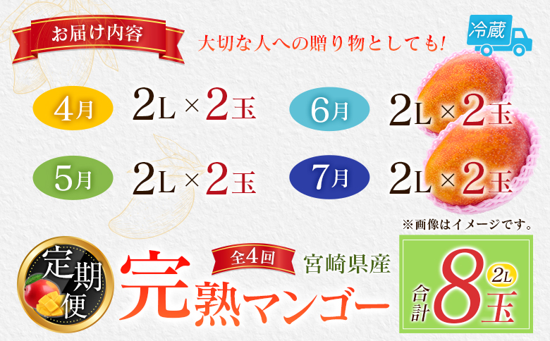 宮崎特産「完熟マンゴー2L×2玉」お届け定期便（全4回）計8玉 特産 国産 果物 フルーツ 旬 産地直送【F143-26】