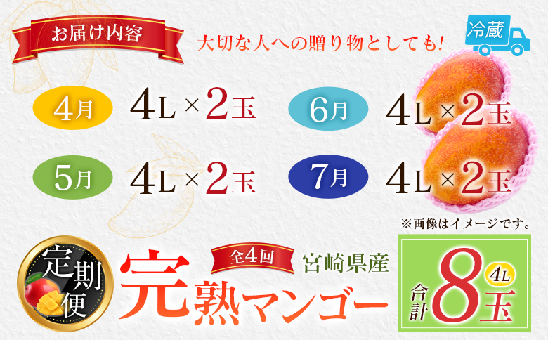 宮崎特産「完熟マンゴー4L×2玉」お届け定期便（全4回）計8玉 特産 国産 果物 フルーツ 旬 産地直送 大玉【F144-26】