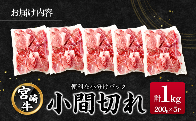 宮崎牛 小間切れ 便利な小分け 200g×5P 計1kg 人気 冷凍 国産【C449】