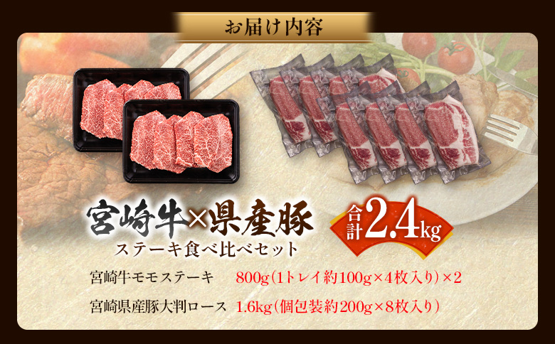 宮崎牛×県産豚 ステーキ食べ比べ 合計2.4kgセット 国産 人気 おすすめ 宮崎県産 ジューシー 冷凍【D155】 合計2.4kg