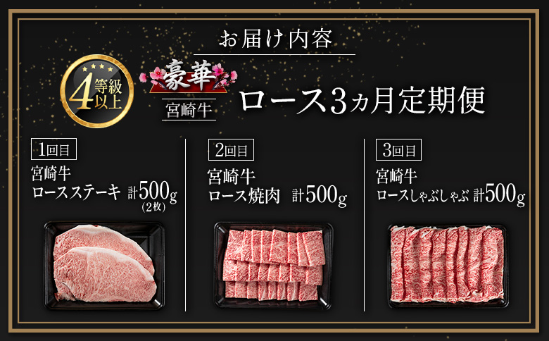 豪華宮崎牛 ロース 3か月定期便 牛肉 焼肉 ステーキ BBQ 国産 宮崎県産【E225-2510】