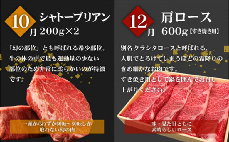 こゆ牛プレミアム定期便＜全6回＞ 1年間 宮崎県産 黒毛和牛 偶数月配送 ※2026年2月開始 シャトーブリアン 希少部位を含む和牛6品【F42-26】