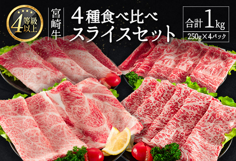 ＜肉質等級4等級＞宮崎牛 4種 食べ比べ スライス セット（各250g×4パック）合計1kg 国産 肉 牛肉 ご飯 おかず【D118-2510-90】