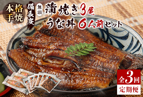 ＜4ヵ月に1回お届け＞新仔!味鰻の本格手焼備長炭蒲焼3尾（無頭）・うな丼6人前セット×3回定期便
