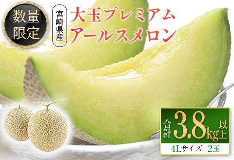 ＜数量限定＞大玉プレミアムアールスメロン 4L2玉 秀品 計3.8kg以上 先行予約 国産 宮崎県産 ※2026年5月〜7月の期間内に出荷【C331-02】 2026年5月〜7月の期間内に出荷