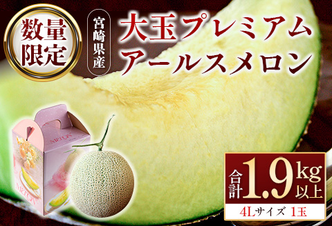 ＜数量限定＞大玉 プレミアムアールスメロン 4L1玉 秀品 1.9kg以上 先行予約 国産 贈答 化粧箱入 宮崎県産 ※2026年5月〜7月の期間内に出荷【B578-02】 2026年5月〜7月の期間内に出荷