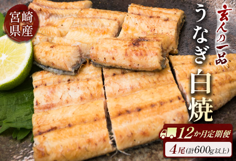 ◇［玄人の一品］うなぎ白焼き 4尾×12ヶ月定期便（150～200g程度/1尾あたり) 宮崎県産鰻 蒲焼タレ付【G36】