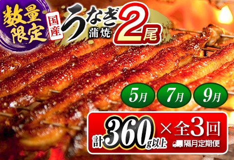 ＜数量限定!!＞うなぎ 定期便 国産 鰻 蒲焼 2尾セット 全3回 隔月定期便（2026年5月、7月、9月お届け）合計1kg以上 魚介 贈答品 ギフト ウナギ 期間限定 鰻楽【E192-050709】 全3回（2026年5月,7月,9月お届け）