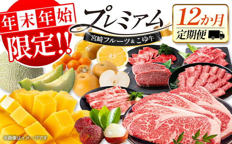 ＜年末年始限定!!＞宮崎フルーツ＆黒毛和牛 定期便 12か月 1年間 ローカル ブランド マンゴー ライチ メロン 梨 日向夏 ステーキ ヒレ ロース 焼肉 すき焼き しゃぶしゃぶ【F158】