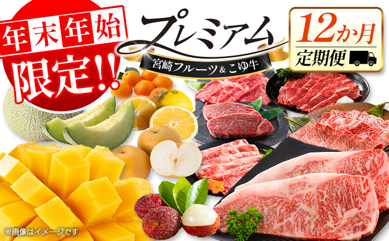 ＜年末年始限定!!＞宮崎フルーツ＆黒毛和牛 定期便 12か月 贅沢1年間お届け こゆ牛 牛肉 マンゴー ライチ メロン 梨 日向夏 ステーキ ヒレ ロース 焼肉 すき焼き しゃぶしゃぶ【G59】