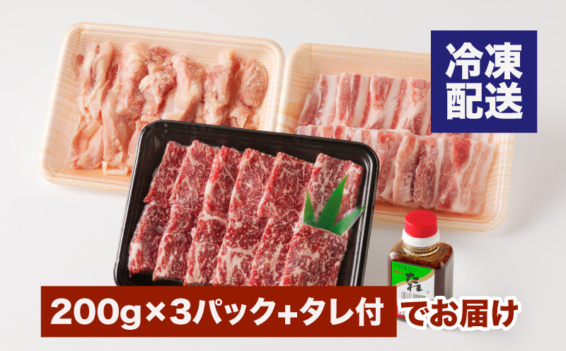 宮崎県産焼肉３種セット【タレ付き】（牛・豚・鶏） 計６００ｇ カット済み K16_0079_1