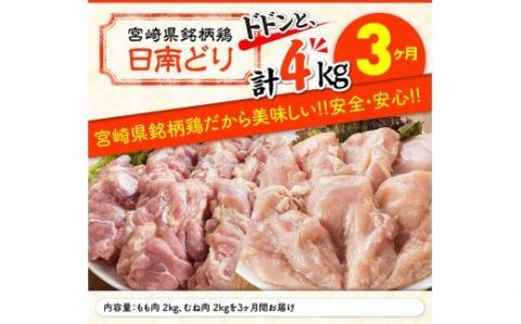 【3ヶ月定期便】宮崎県産若鶏　日南どり　もも肉＆むね肉　計4kg（各2㎏×1） 【 ふるさと納税 鶏肉 鶏 若鶏 もも むね セット 宮崎県産 川南町 おうち時間 おうちごはん 定期便 送料無料 】 [C05308t3]