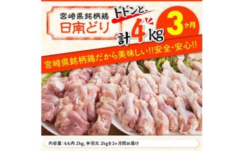 【3ヶ月定期便】宮崎県産若鶏　日南どり　もも肉＆手羽元　計4kg（各2㎏×1） 【 ふるさと納税 鶏肉 鶏 若鶏 もも 手羽元 セット 宮崎県産 川南町 おうち時間 おうちごはん 定期便 送料無料 】 [C05304t3]