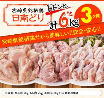 【3ヶ月定期便】宮崎県産若鶏　日南どり　もも肉＆むね肉＆手羽元　計6kg（各2㎏×1） 【 ふるさと納税 鶏肉 鶏 若鶏 もも むね 手羽元 セット 宮崎県産 川南町 おうち時間 おうちごはん 定期便 送料無料 】 [C05310t3]