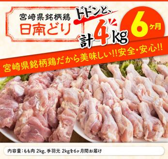 【6ヶ月定期便】宮崎県産若鶏　日南どり　もも肉＆手羽元　計4kg（各2㎏×1） 【 ふるさと納税 鶏肉 鶏 若鶏 もも 手羽元 セット 宮崎県産 川南町 おうち時間 おうちごはん 定期便 送料無料 】 [C05304t6]