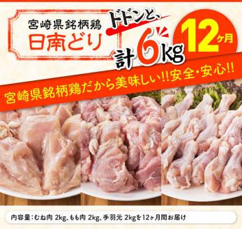 【12ヶ月定期便】宮崎県産若鶏　日南どり　もも肉＆むね肉＆手羽元　計6kg（各2㎏×1） 【 ふるさと納税 鶏肉 鶏 若鶏 もも むね 手羽元 セット 宮崎県産 川南町 おうち時間 おうちごはん 定期便 送料無料 】 [C05310t12]
