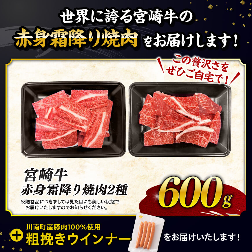 【令和8年2月発送分】宮崎牛 赤身・霜降り焼肉2種600g+粗挽きウインナー 【肉 牛肉 ミヤチク スライス すき焼き しゃぶしゃぶ】 [C00645r802]