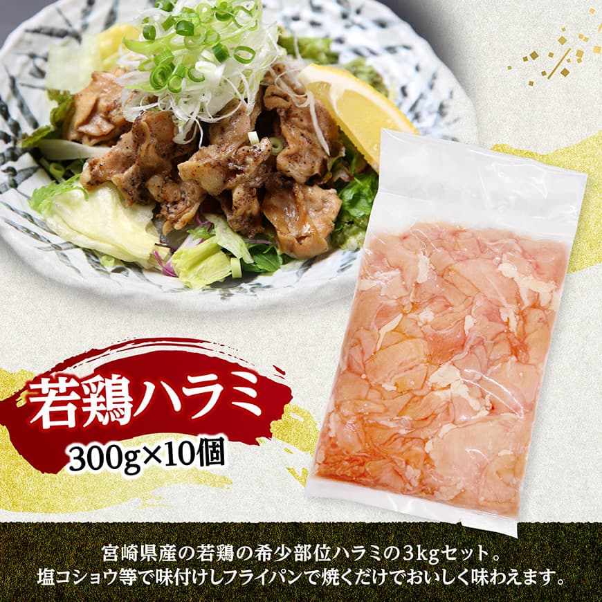 宮崎県産若鶏　ハラミ3kg（300g×10） 【 鶏肉 鶏 ハラミ 肉 宮崎県産 小分け パック 送料無料 】 [C11605]