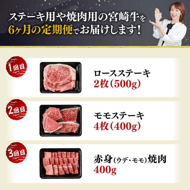 【6ヶ月定期便】宮崎牛定期便B（ ステーキ ・ 焼肉 ） 全6回　牛肉[E11134t6]