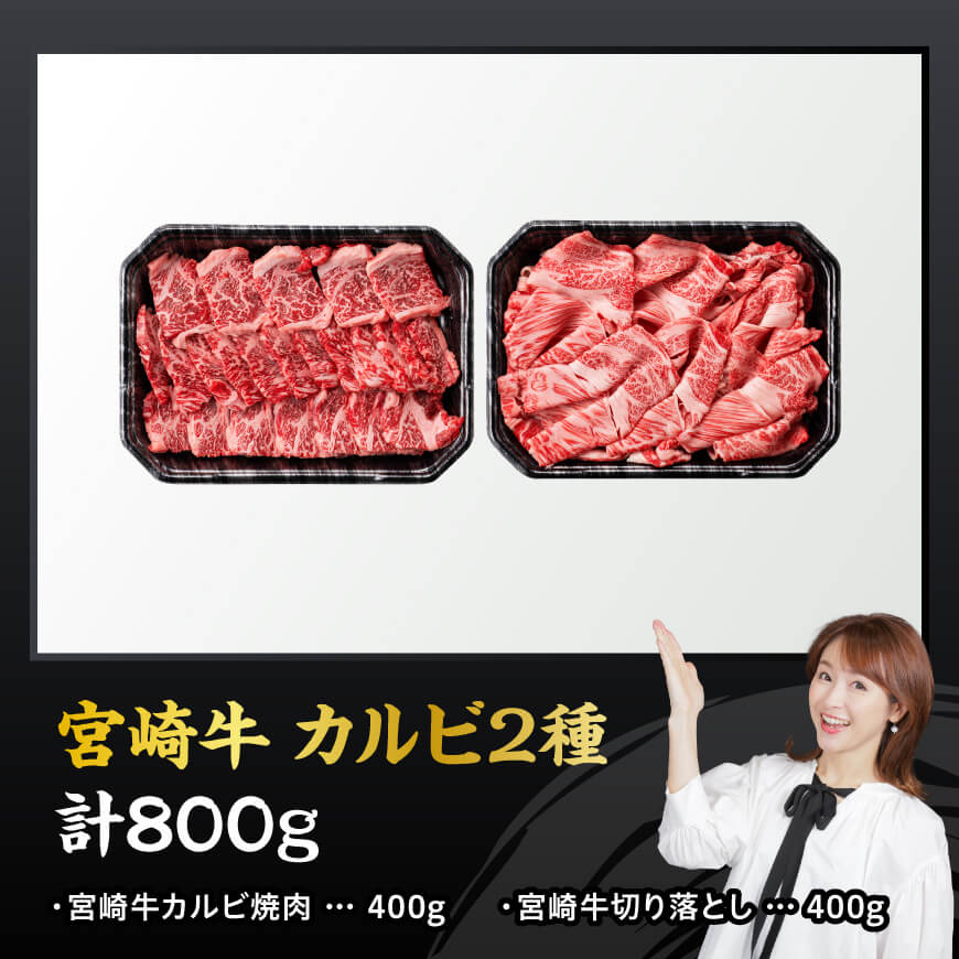 宮崎牛カルビ焼肉・切り落としセット合計800ｇ 【 肉 牛肉 国産 黒毛和牛 宮崎牛 焼肉 宮崎県 川南町 】[D11405]