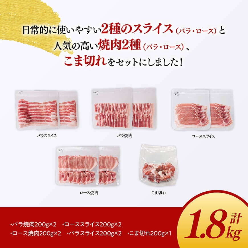 【豚肉】「まるみ豚」宮崎県産豚肉厳選5種セット計1.8kg 【豚 豚肉 スライス 焼肉 すき焼き しゃぶしゃぶ すきしゃぶ】 [D11506]