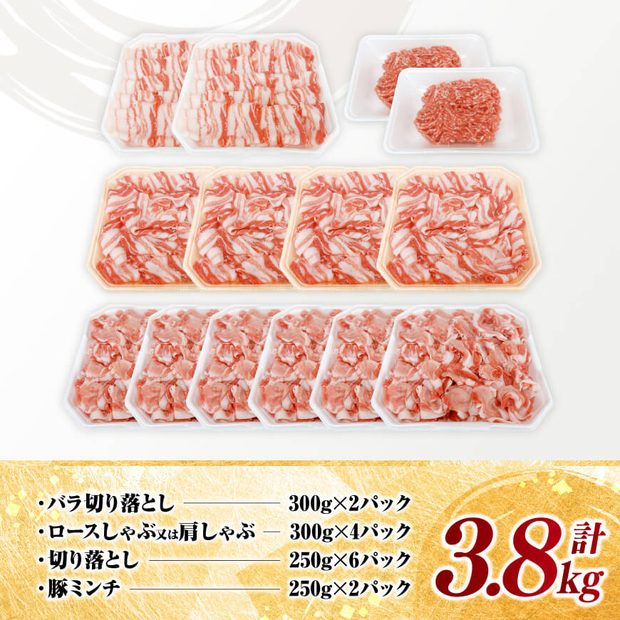 宮崎県産豚肉 4種 3.8kg 【 豚肉 豚 肉 宮崎県産 セット 切り落とし しゃぶしゃぶ ミンチ 送料無料 】[C11619]