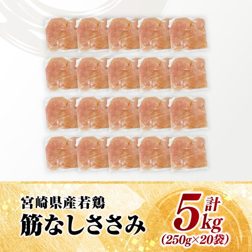 宮崎県産若鶏　筋なしささみ5kg（250g×20） 【 鶏肉 とり肉 ささみ 真空パック 】[D11619]