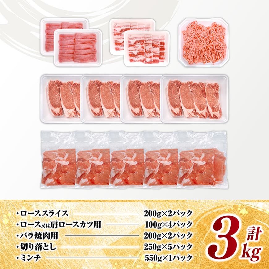 宮崎県産豚肉5種　3kg 【 豚肉 ぶた肉 肉 ロース バラ 切り落とし ミンチ 焼肉用 豚肉セット 】[C11627]